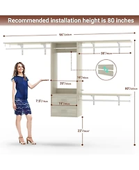 96 Inch Wall Mounted Closet Organizer System with 3 Shelves and Rods, Rack 2 Drawers