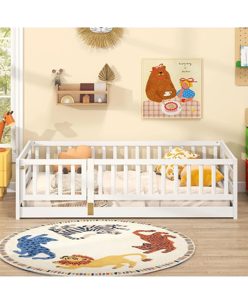 Gymax Twin Floor Bed w/High Fence & Door Safety Guardrails Wood Frame