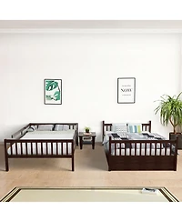 Gymax Full over Full Bunk Bed Platform Wood Bed w/ Trundle & Ladder Rail