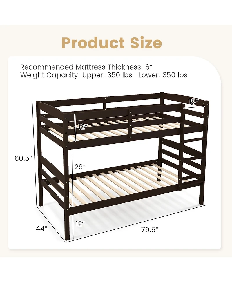 Gymax Twin Over Bunk Bed Wooden Convertible Into 2 Beds High Guardrails