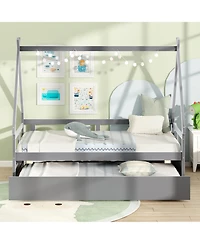 Gymax Twin Size House Bed w/ Trundle Roof & Safety Guardrail Wood Slat Support