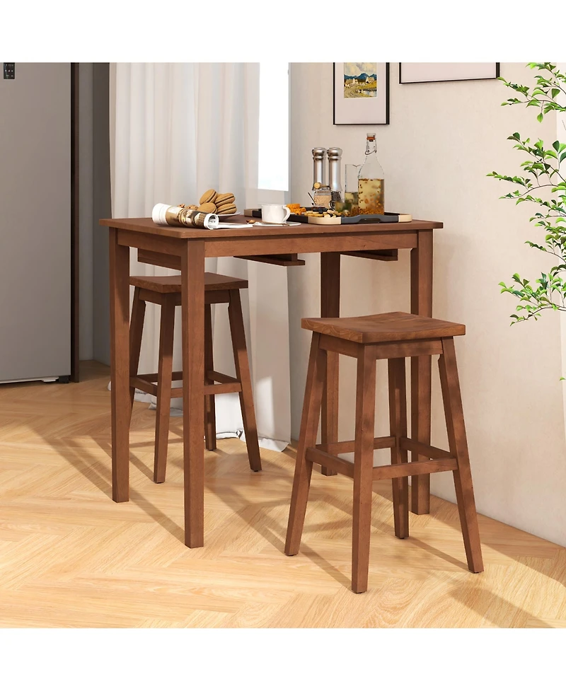 Gymax 3 Pcs Bar Table Set w/ 1 Table 2 Bar Stools Wood Veneered Tabletop Dining Room
