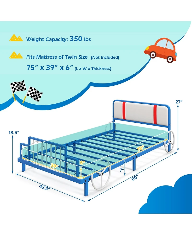 Gymax Twin Size Kids Bed Frame Car Shaped Metal Platform Bed w/ Upholstered Headboard