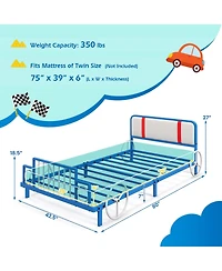 Gymax Twin Size Kids Bed Frame Car Shaped Metal Platform Bed w/ Upholstered Headboard