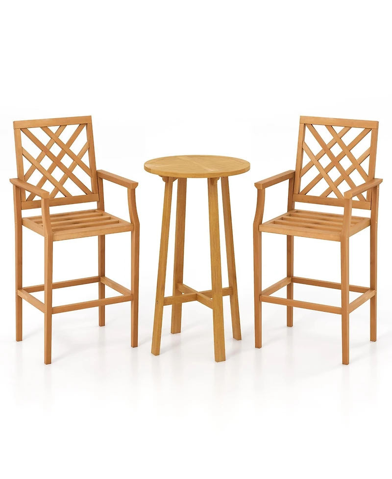 Gymax 3 Pcs Patio Bar Set Round Cocktail Table w/ 2 Stools w/ Backrest Armrests