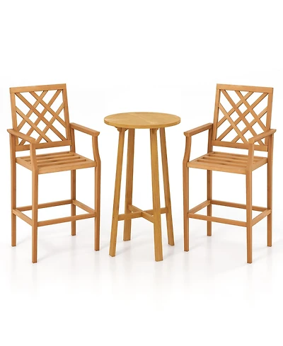 Gymax 3 Pcs Patio Bar Set Round Cocktail Table w/ 2 Stools w/ Backrest Armrests