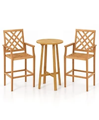 Gymax 3 Pcs Patio Bar Set Round Cocktail Table w/ 2 Stools w/ Backrest Armrests