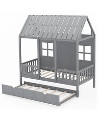Gymax Twin Size House Bed with Trundle Fence Decor Wooden Windows Tall Roof