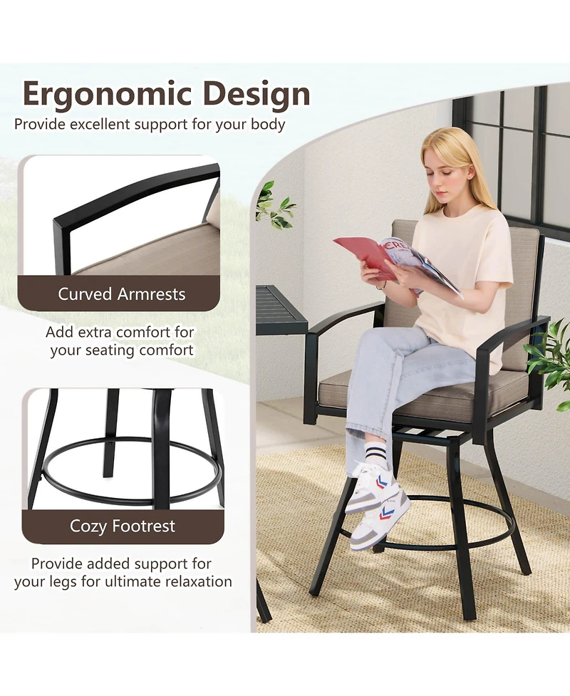 Gymax Set of 3 Swivel Bar Set Table & Chairs Set w/ Soft Cushions & Umbrella Hole