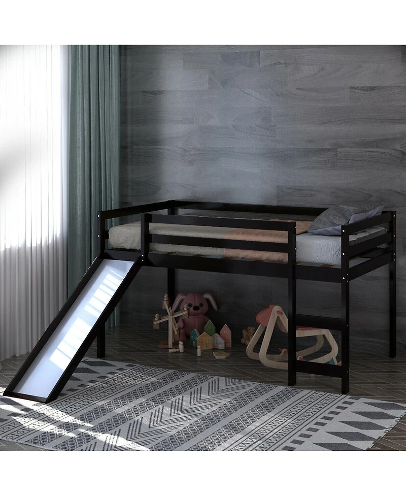 Gymax Twin Size Loft Bed with Slide Wood Low Sturdy Loft Bed Bedroom