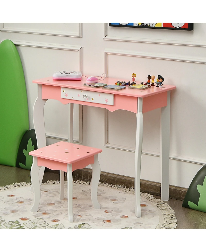 Gymax Kids Vanity Princess Makeup Dressing Table Chair Set W/ Tri-folding Mirror