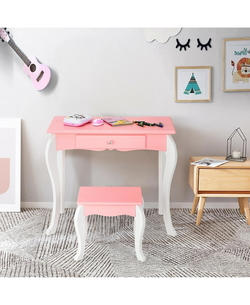 Gymax Kids Vanity Princess Makeup Dressing Table Stool Set W/ Mirror Drawer