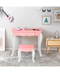 Gymax Kids Vanity Princess Makeup Dressing Table Stool Set W/ Mirror Drawer