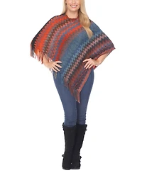White Mark Women's Chevron Knit Fringed Hem Poncho Sweater