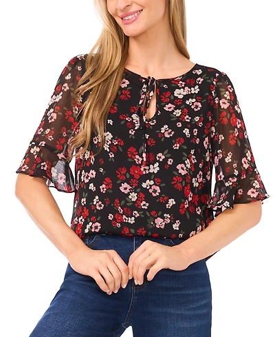 CeCe Women's Printed Split Tie Neck Top