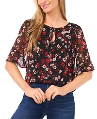 CeCe Women's Printed Split Tie Neck Top