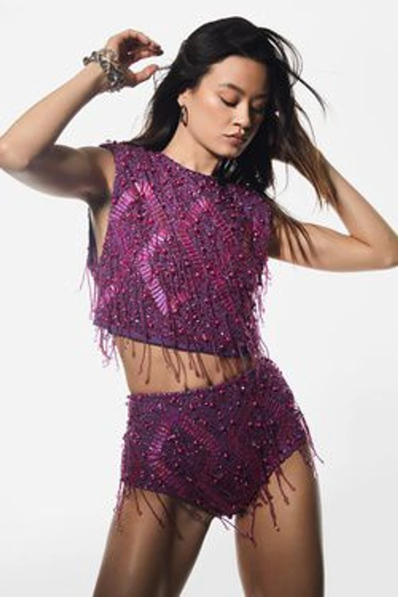 Diamante Embellished Tassel Beaded Crop Top Booty Shorts