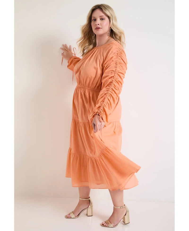 June + Vie Women's Cotton Voile Ruched Midi Dress