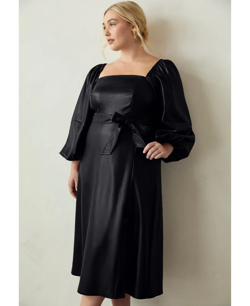 June + Vie Women's Puff Sleeve Faux Leather Midi Dress