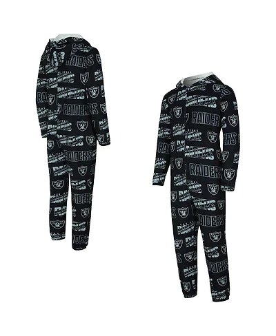 Concept Sport Men's Black Las Vegas Raiders Shuffle All-Over-Print Microfleece Full-Zip Union Suit