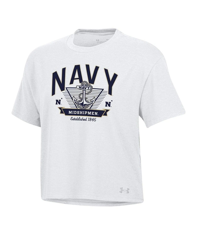 Under Armour Women's White Navy Midshipmen Essentials Icon Ultra-Soft Tri-Blend Boxy Cropped T-Shirt