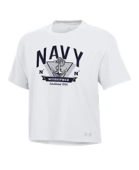 Under Armour Women's White Navy Midshipmen Essentials Icon Ultra-Soft Tri-Blend Boxy Cropped T-Shirt