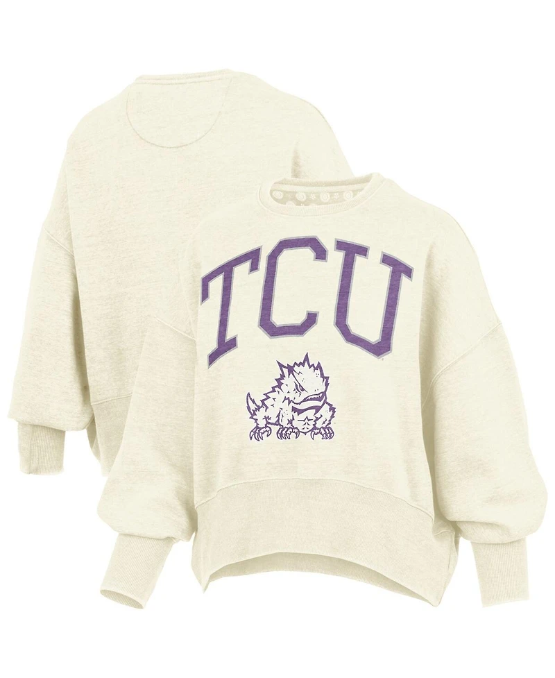 Pressbox Women's Natural Tcu Horned Frogs Oversized Waist-Length Crewneck Sweatshirt