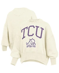 Pressbox Women's Natural Tcu Horned Frogs Oversized Waist-Length Crewneck Sweatshirt
