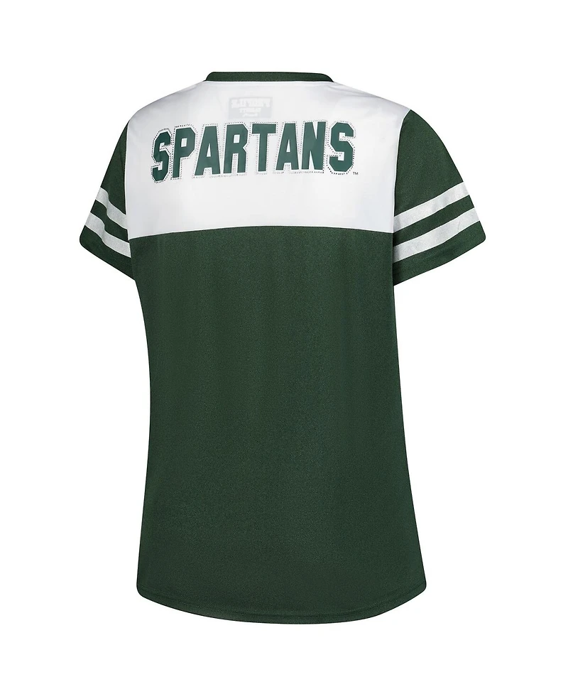 Fanatics Women's White Michigan State Spartans Plus Rhinestone Glitter Sleeve Stripe V-Neck T-Shirt