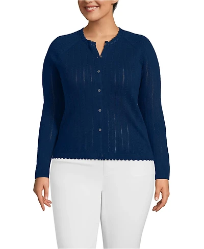 Lands' End Plus Cotton Pointelle Satin Trim Cardigan Sweater