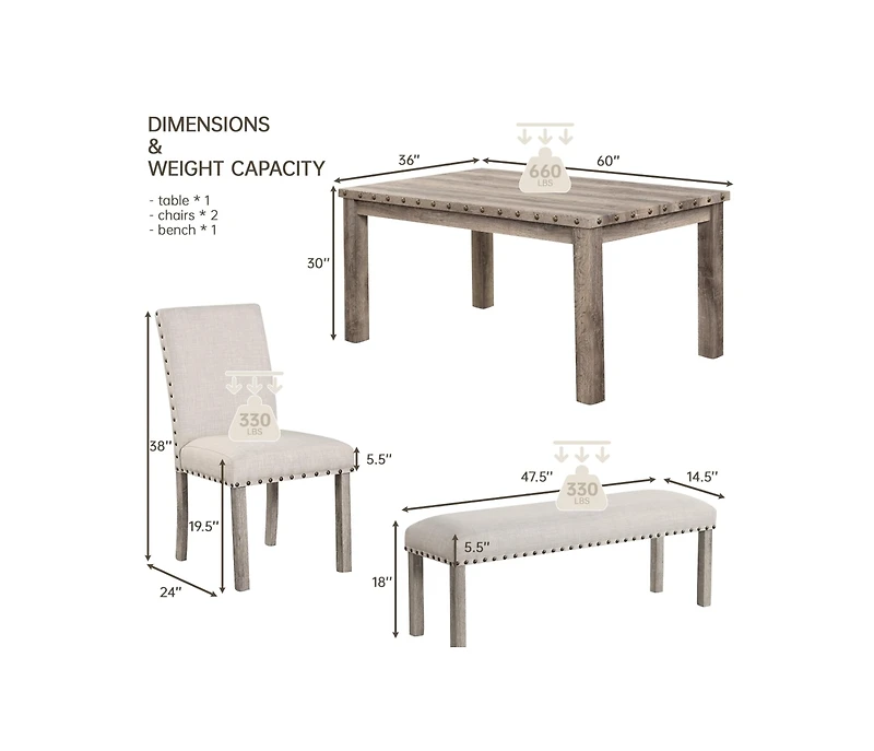 Morden Fort Farmhouse Dining Table Set for 4, Rustic Wooden Kitchen Table with Upholstered Bench & 2 Chairs, Country Style Dining Set for Family Gathe