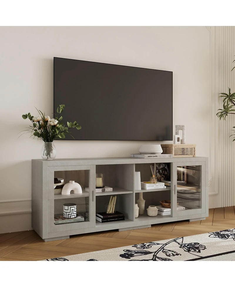 Solid Wood Tv Stand with 4 Sliding Tempered Glass Doors,Media Console
