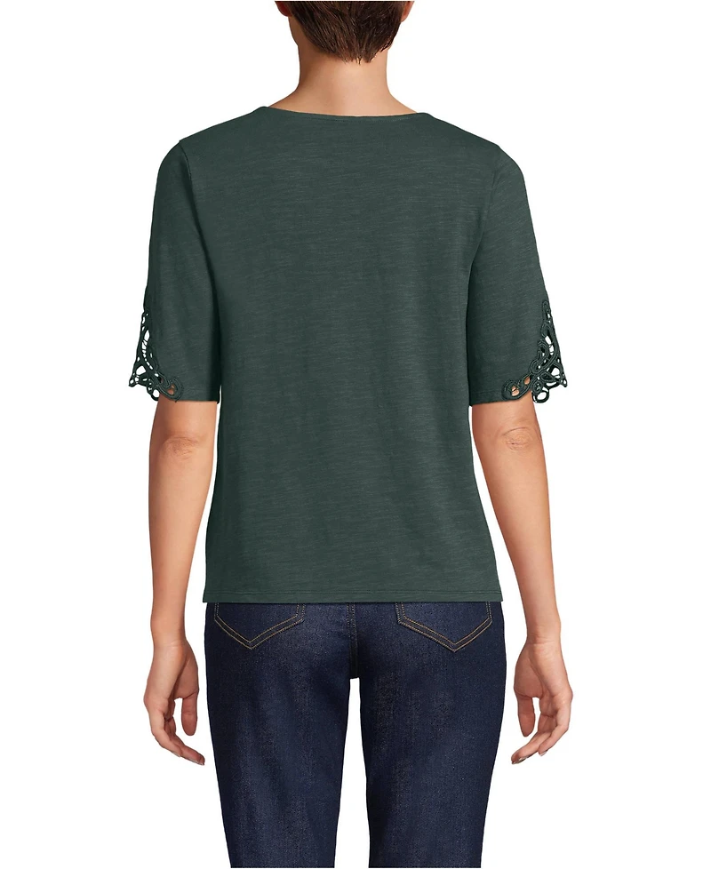 Lands' End Women's Elbow Sleeve Slub Lace Trim T-Shirt