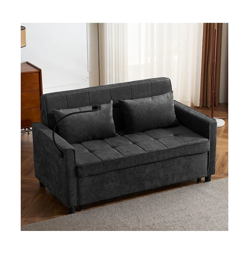 Maison Boucle 56.9" Pull-Out Sleeper Sofa with Usb Ports, Phone Holder & Adjustable Backrest, Convertible Bed Pillows-Maison