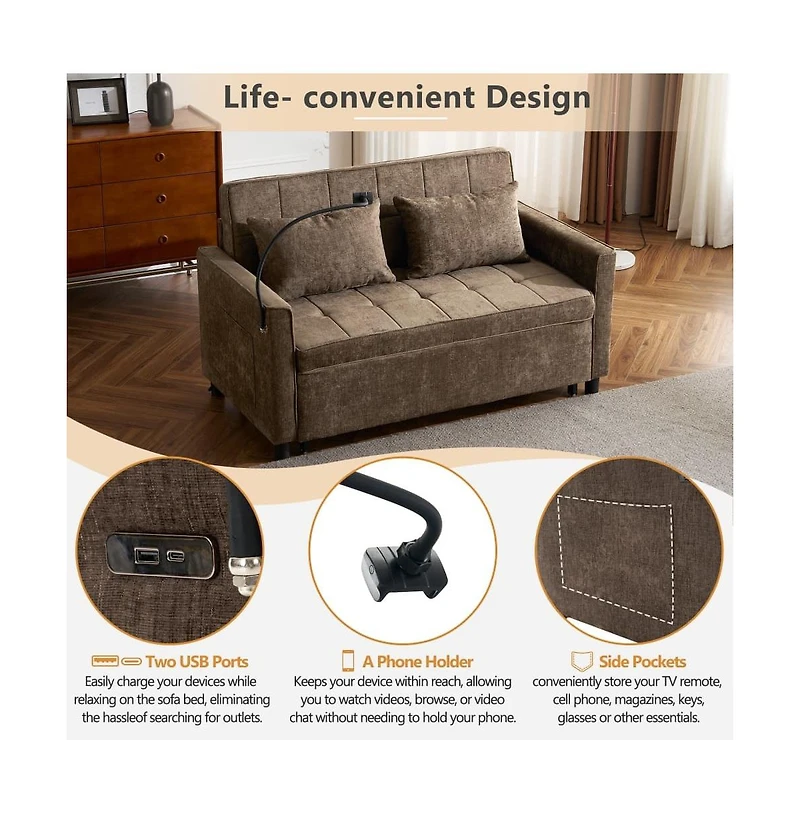 Maison Boucle 56.9" Pull-Out Sleeper Sofa with Usb Ports, Phone Holder & Adjustable Backrest, Convertible Sofa Bed with Pillows-Maison Boucle