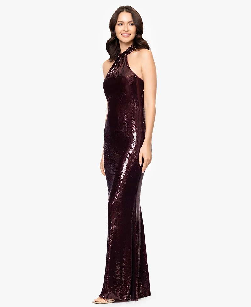 Betsy & Adam Women's Long Sequined Halter Neck Gown