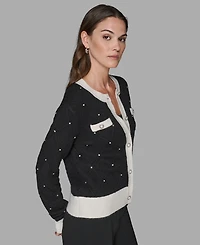 Karl Lagerfeld Paris Petite Crew Neck Front-Button Cardigan Sweater