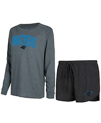 Concepts Sport Women's Black/Charcoal Carolina Panthers Raglan Long Sleeve Top Shorts Lounge Set