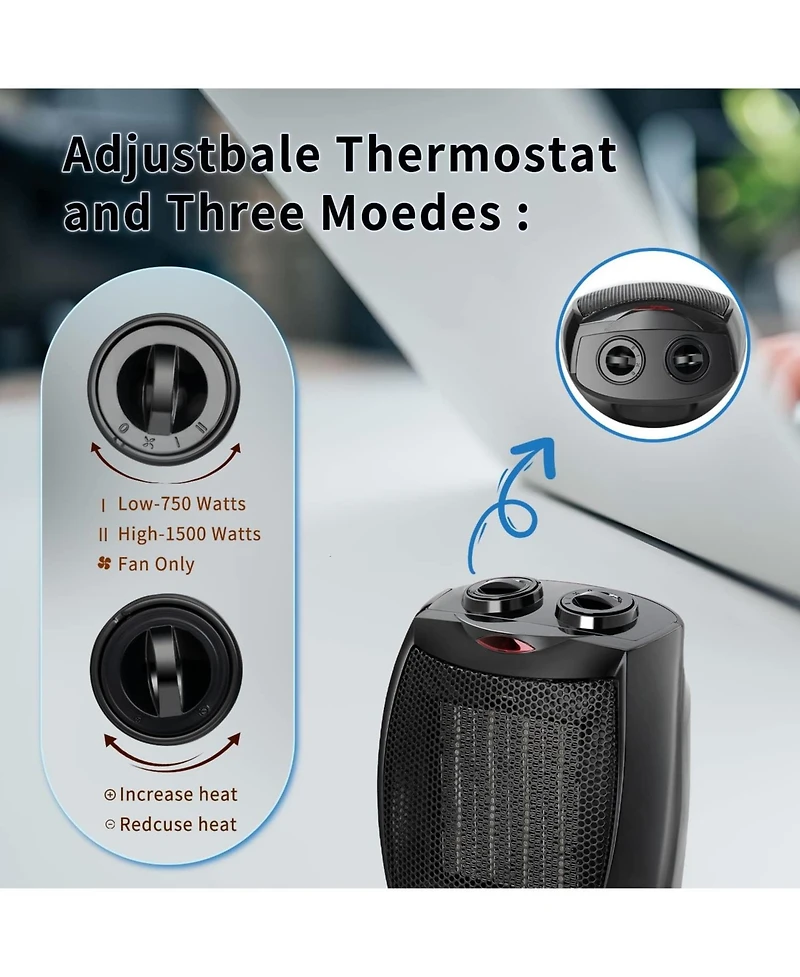 Cowsar Small Space Heater Electric Portable Fan for Home and Office Ceramic Heaters with Adjustable Thermostat, 750W/1500W