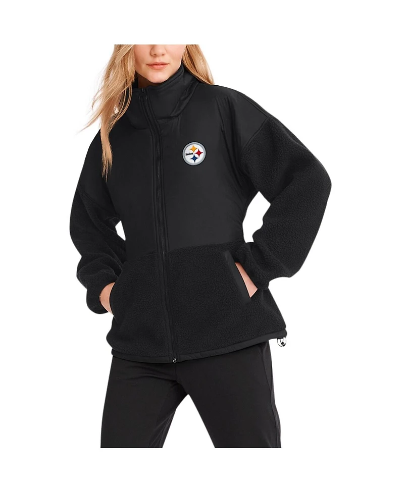 Dkny Sport Women's Black Pittsburgh Steelers Drew Mixed Media Full-Zip Jacket
