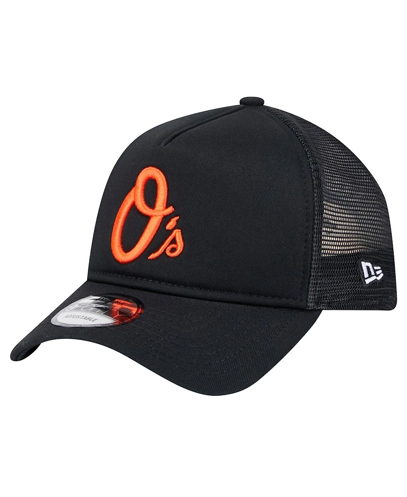 New Era Men's Black Baltimore Orioles 9FORTY A-Frame Trucker Adjustable Hat