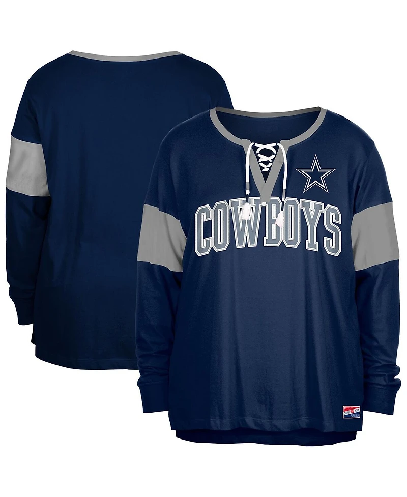 New Era Women's Navy Dallas Cowboys Plus Lace-Up Notch Neck Long Sleeve T-Shirt