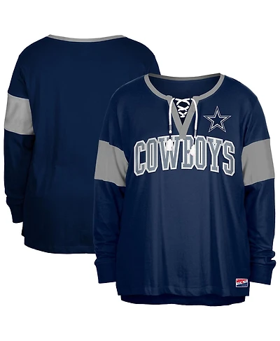 New Era Women's Navy Dallas Cowboys Plus Lace-Up Notch Neck Long Sleeve T-Shirt