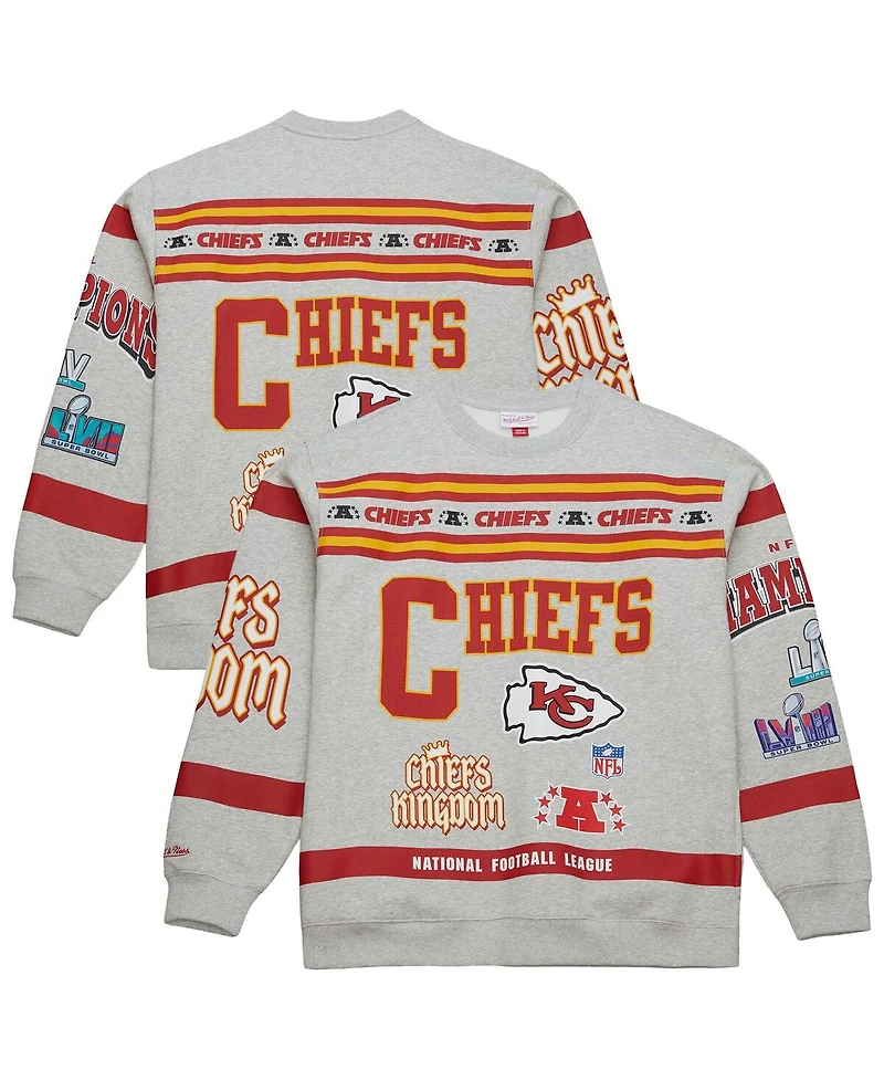 Mitchell & Ness Men's Heather Gray Kansas City Chiefs All Over Print Vintage Fleece Crewneck Sweatshirt
