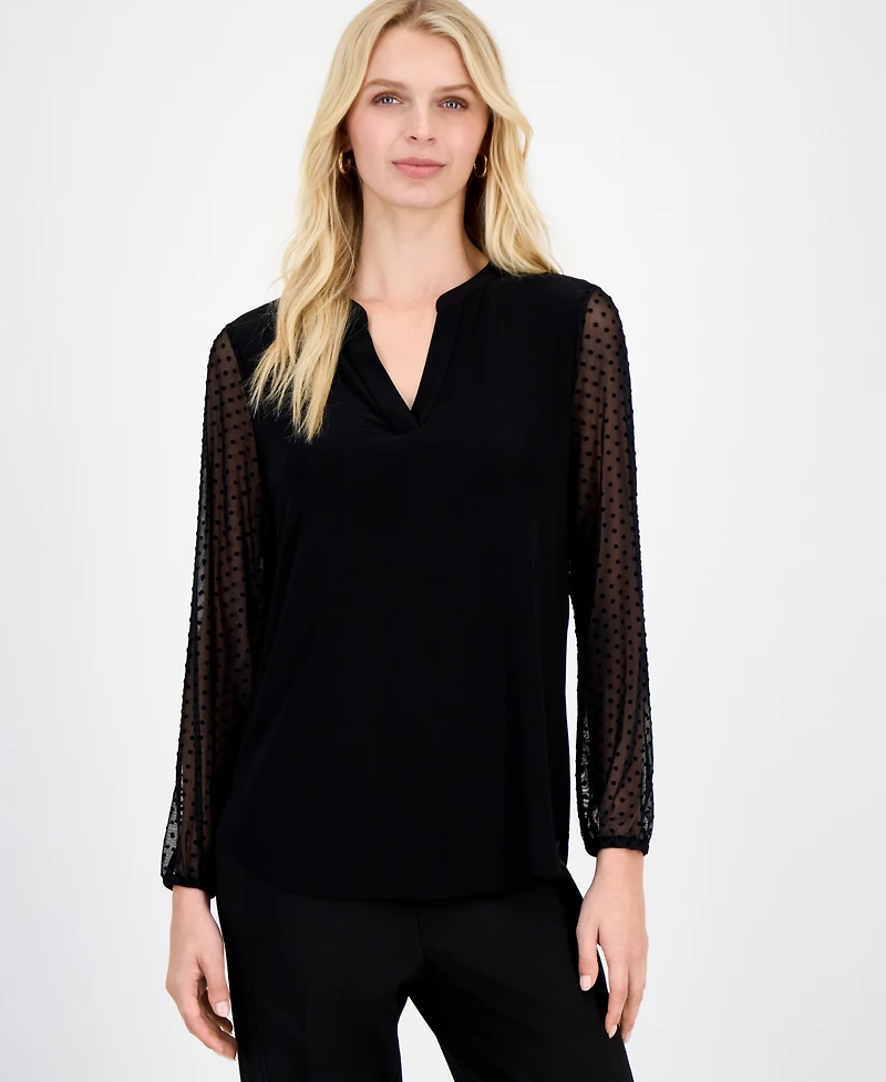 Kasper Women's Split-Neck Long-Dot-Sleeve Blouse