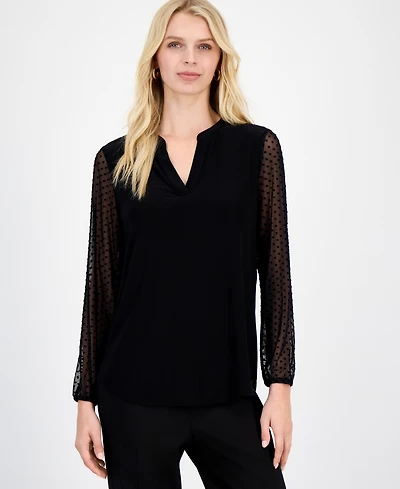 Kasper Women's Split-Neck Long-Dot-Sleeve Blouse