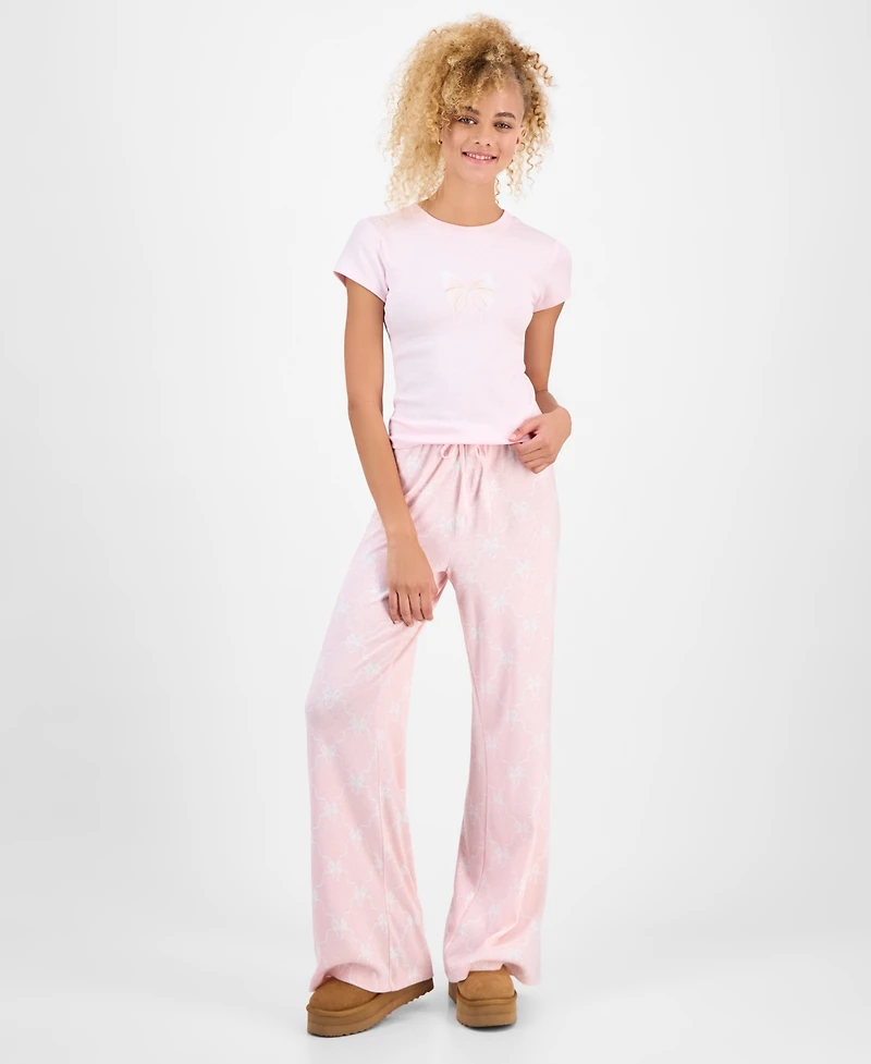 Just Polly Juniors' Pointelle Drawstring Wide-Leg Lounge Pants