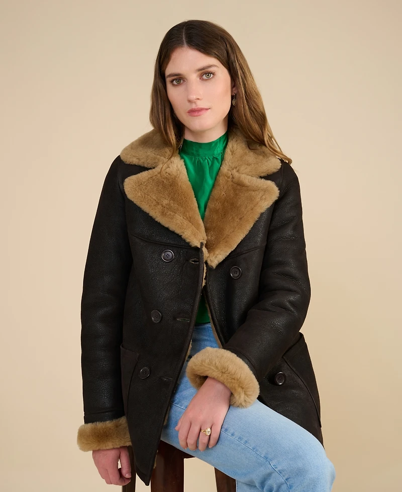 Furniq Uk Women's Leather Sheepskin Peacoat, Brown, Created for Macy's