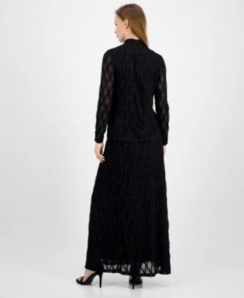 Anne Klein Womens Glitter Long Sleeve Mock Neck Top Glitter Flared Maxi Skirt