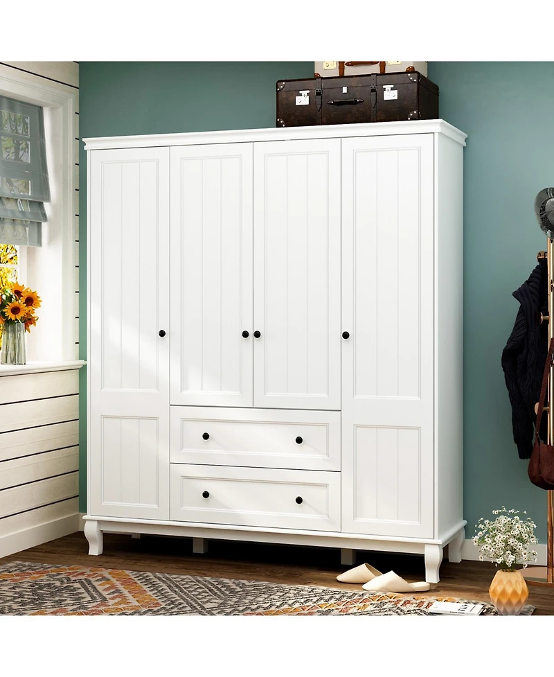 Homsee Modern Nordic style minimalist 4-door 2-drawer armoire, white wardrobe, bedroom closet